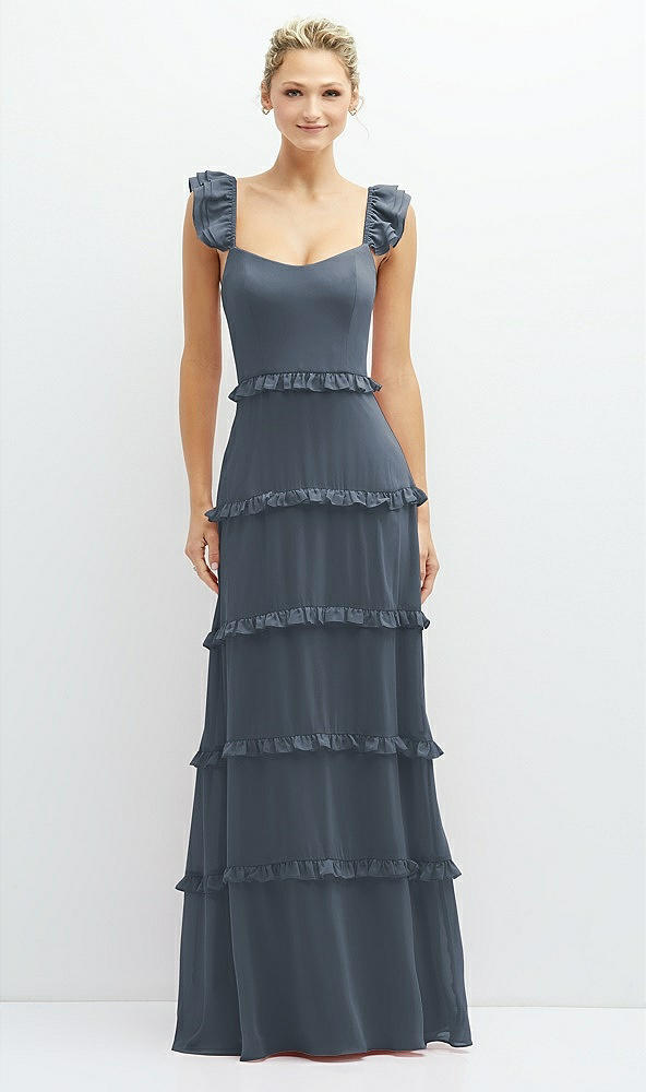 Front View - Silverstone Tiered Chiffon Maxi A-line Dress with Convertible Ruffle Straps