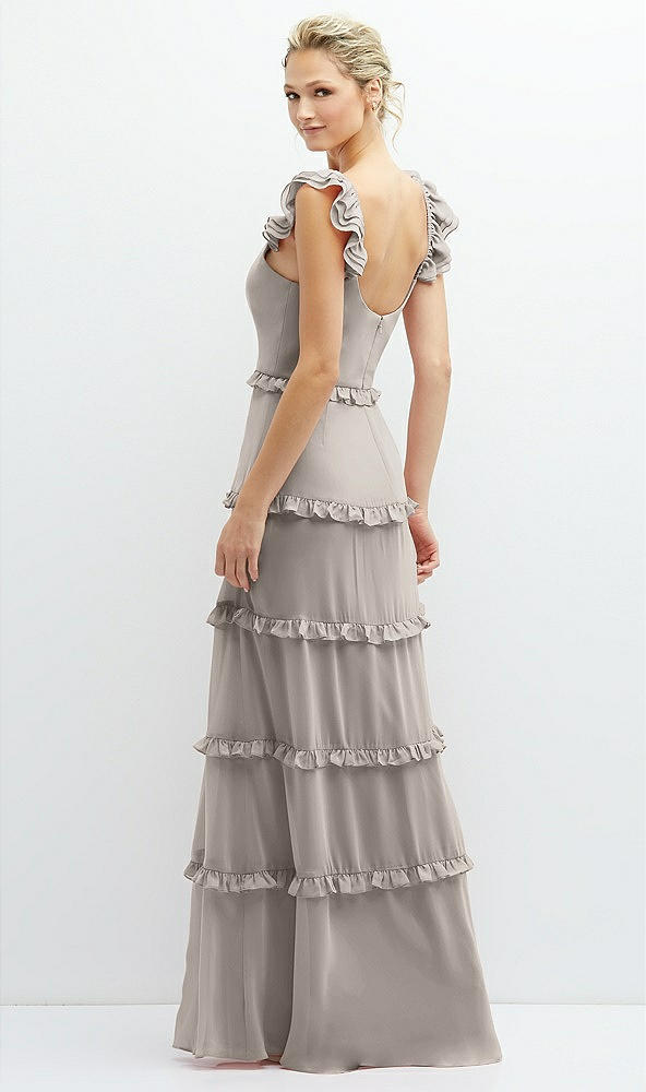 Back View - Taupe Tiered Chiffon Maxi A-line Dress with Convertible Ruffle Straps