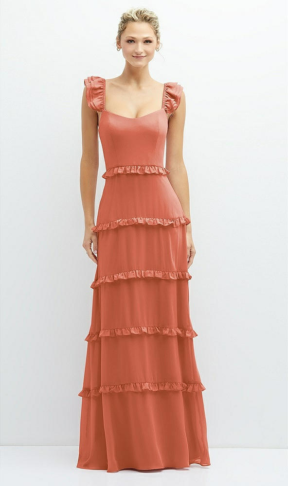 Front View - Terracotta Copper Tiered Chiffon Maxi A-line Dress with Convertible Ruffle Straps