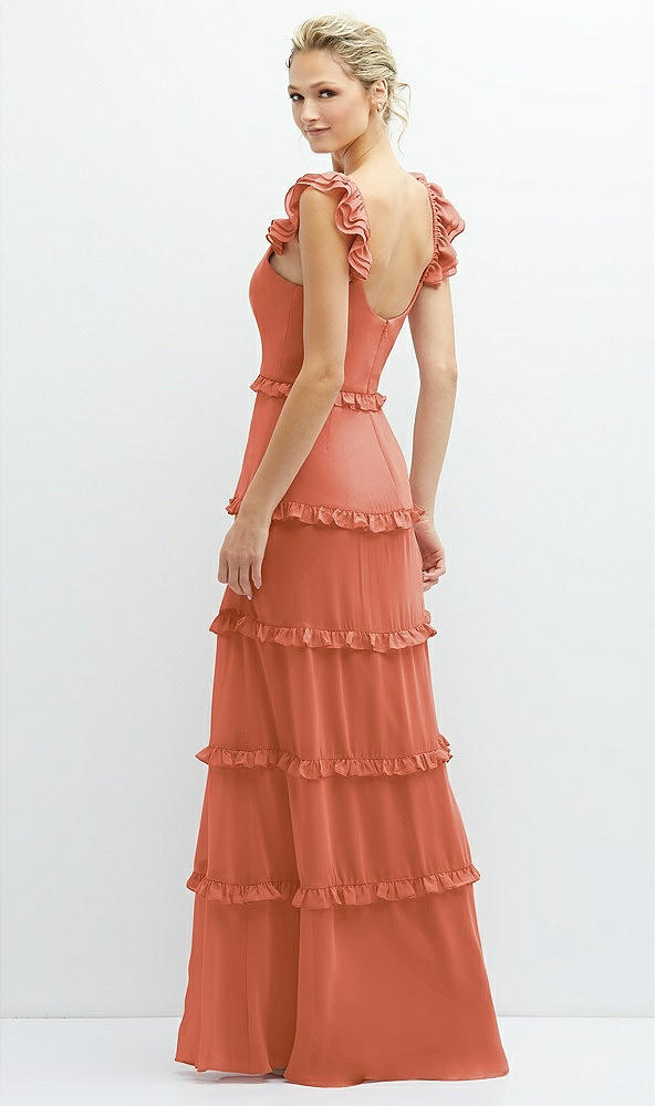 Back View - Terracotta Copper Tiered Chiffon Maxi A-line Dress with Convertible Ruffle Straps