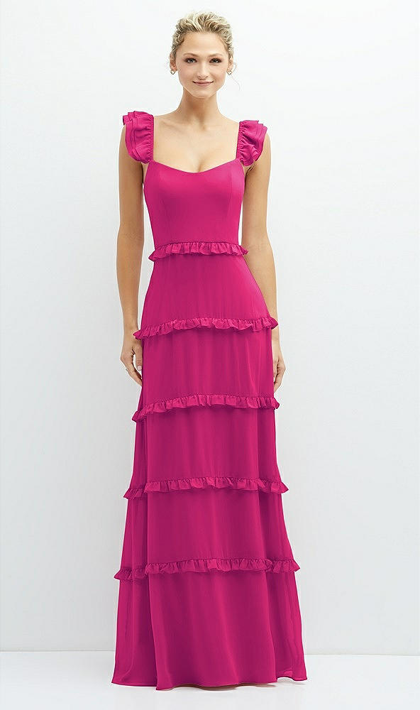 Front View - Think Pink Tiered Chiffon Maxi A-line Dress with Convertible Ruffle Straps