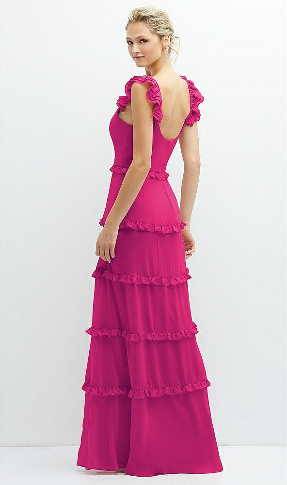 Back View - Think Pink Tiered Chiffon Maxi A-line Dress with Convertible Ruffle Straps