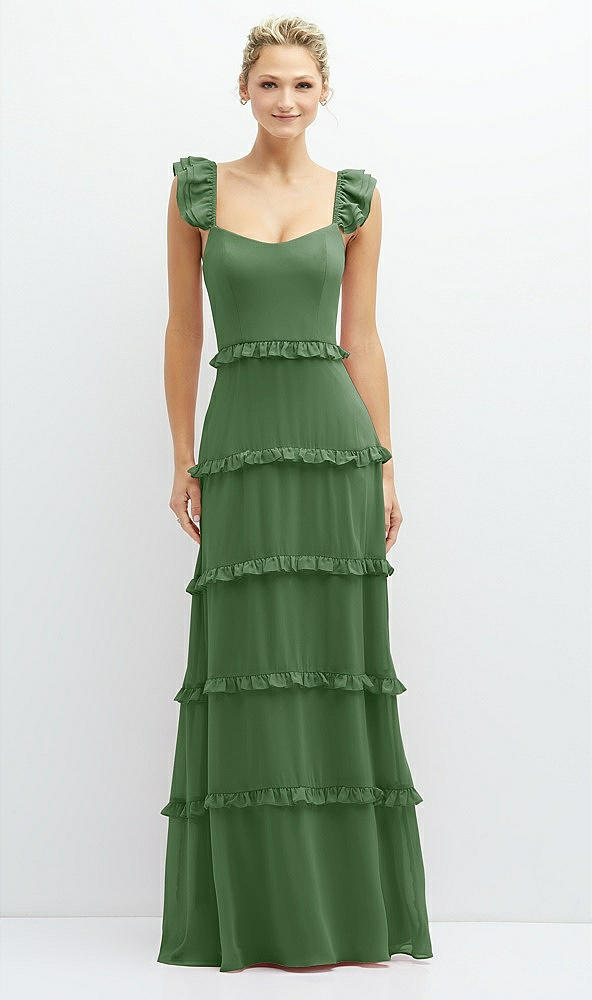 Front View - Vineyard Green Tiered Chiffon Maxi A-line Dress with Convertible Ruffle Straps