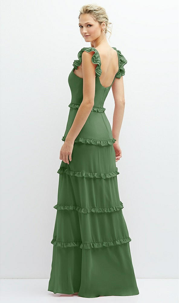 Back View - Vineyard Green Tiered Chiffon Maxi A-line Dress with Convertible Ruffle Straps