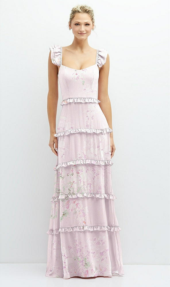 Front View - Watercolor Print Tiered Chiffon Maxi A-line Dress with Convertible Ruffle Straps