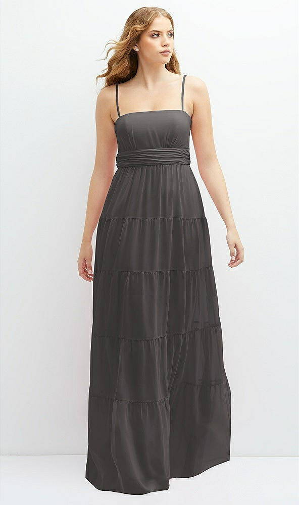 Front View - Caviar Gray Modern Regency Chiffon Tiered Maxi Dress with Tie-Back