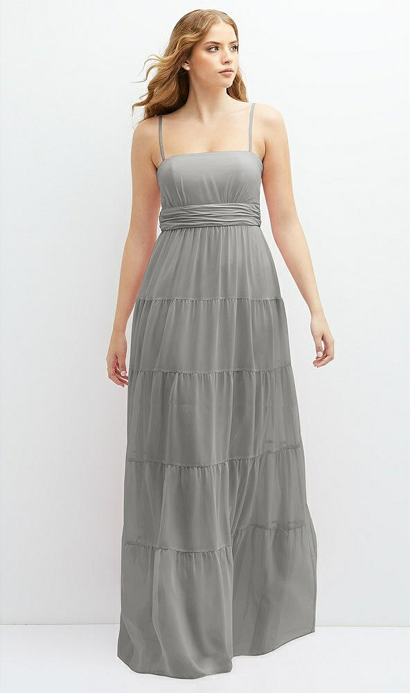 Front View - Chelsea Gray Modern Regency Chiffon Tiered Maxi Dress with Tie-Back