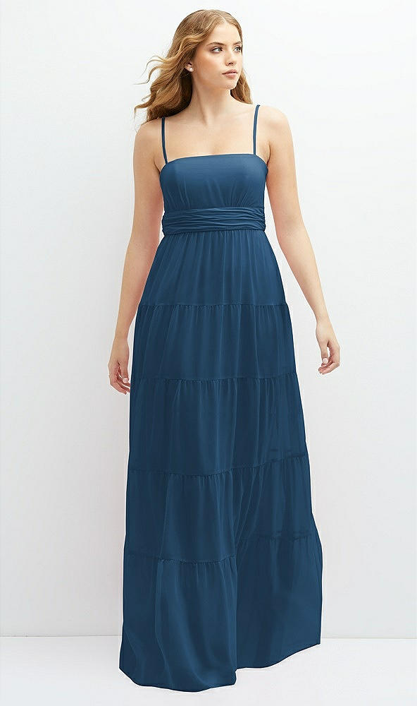 Front View - Dusk Blue Modern Regency Chiffon Tiered Maxi Dress with Tie-Back