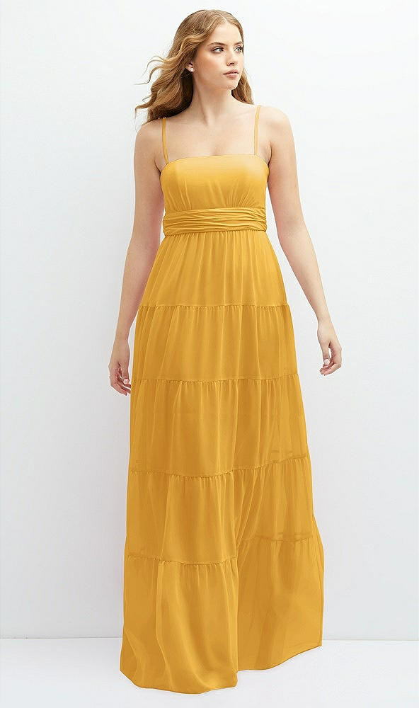 Front View - NYC Yellow Modern Regency Chiffon Tiered Maxi Dress with Tie-Back
