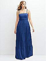 Front View Thumbnail - Classic Blue Modern Regency Chiffon Tiered Maxi Dress with Tie-Back