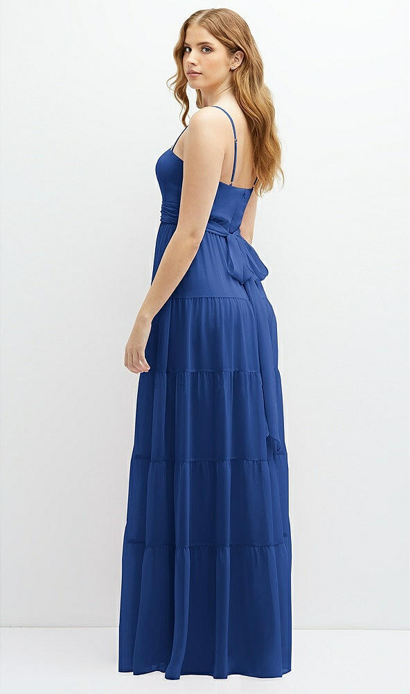Back View - Classic Blue Modern Regency Chiffon Tiered Maxi Dress with Tie-Back