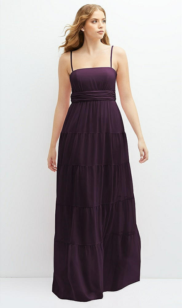 Front View - Aubergine Modern Regency Chiffon Tiered Maxi Dress with Tie-Back