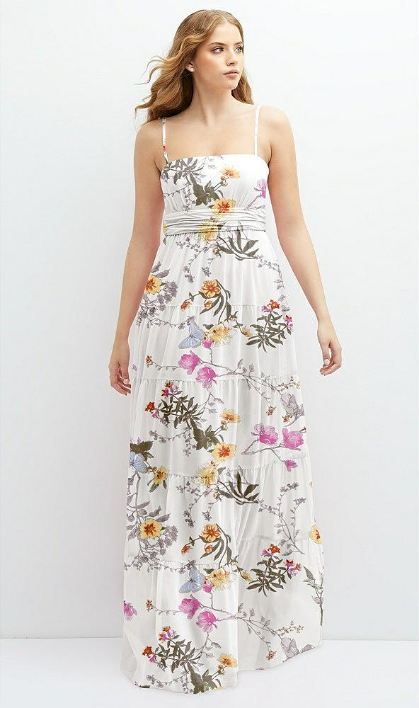 Front View - Butterfly Botanica Ivory Modern Regency Chiffon Tiered Maxi Dress with Tie-Back