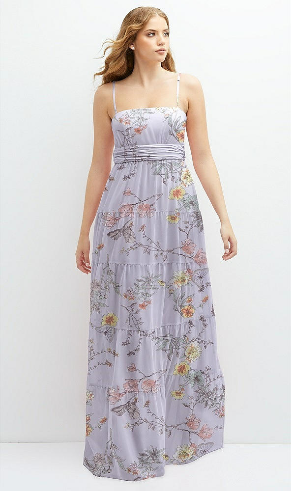 Front View - Butterfly Botanica Silver Dove Modern Regency Chiffon Tiered Maxi Dress with Tie-Back