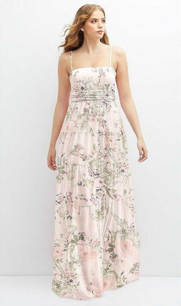 Front View - Blush Garden Modern Regency Chiffon Tiered Maxi Dress with Tie-Back