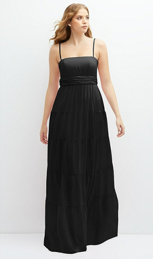 Front View - Black Modern Regency Chiffon Tiered Maxi Dress with Tie-Back
