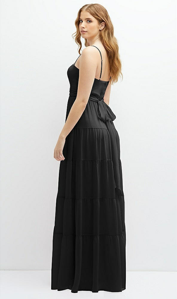 Back View - Black Modern Regency Chiffon Tiered Maxi Dress with Tie-Back