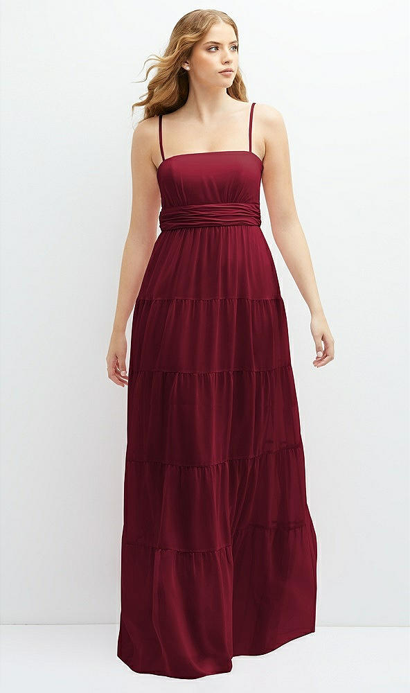 Front View - Burgundy Modern Regency Chiffon Tiered Maxi Dress with Tie-Back