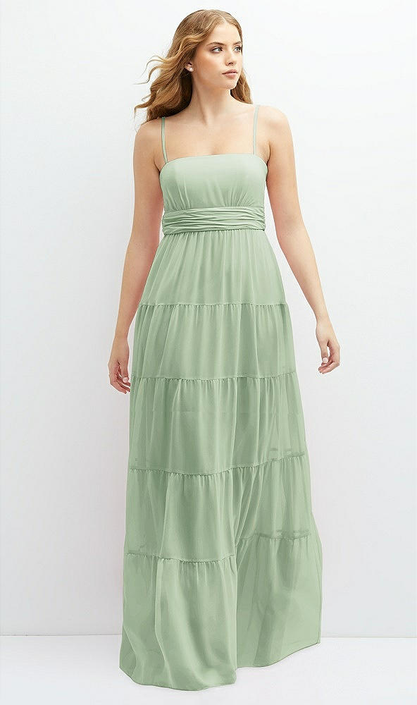 Front View - Celadon Modern Regency Chiffon Tiered Maxi Dress with Tie-Back