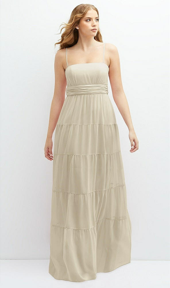 Front View - Champagne Modern Regency Chiffon Tiered Maxi Dress with Tie-Back
