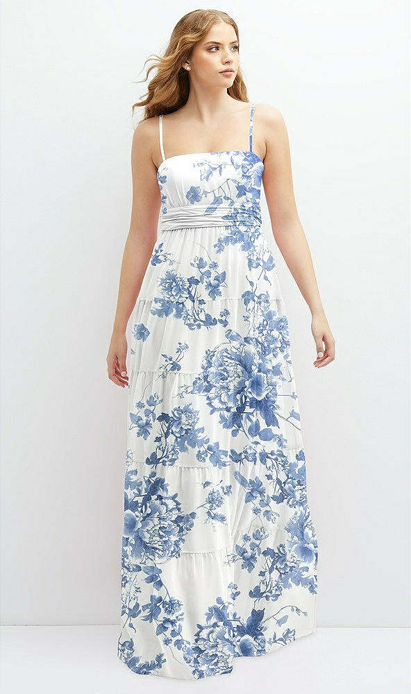 Front View - Cottage Rose Dusk Blue Modern Regency Chiffon Tiered Maxi Dress with Tie-Back