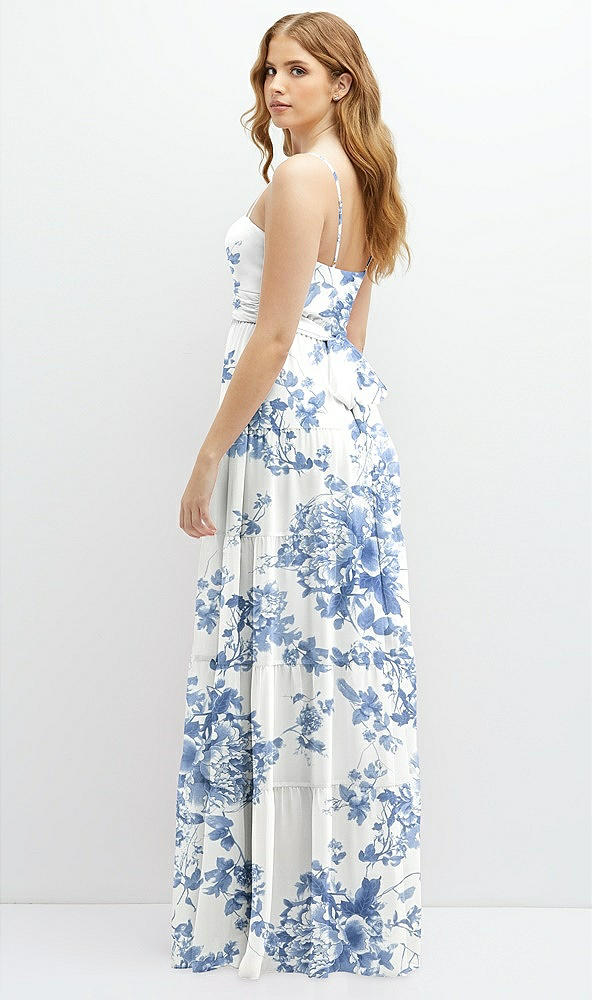 Back View - Cottage Rose Dusk Blue Modern Regency Chiffon Tiered Maxi Dress with Tie-Back