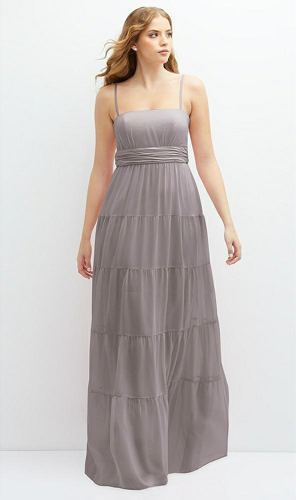 Front View - Cashmere Gray Modern Regency Chiffon Tiered Maxi Dress with Tie-Back