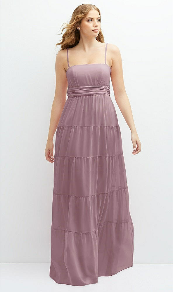 Front View - Dusty Rose Modern Regency Chiffon Tiered Maxi Dress with Tie-Back
