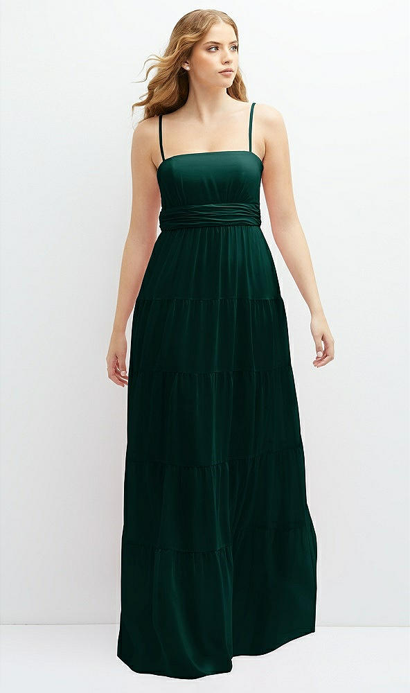 Front View - Evergreen Modern Regency Chiffon Tiered Maxi Dress with Tie-Back