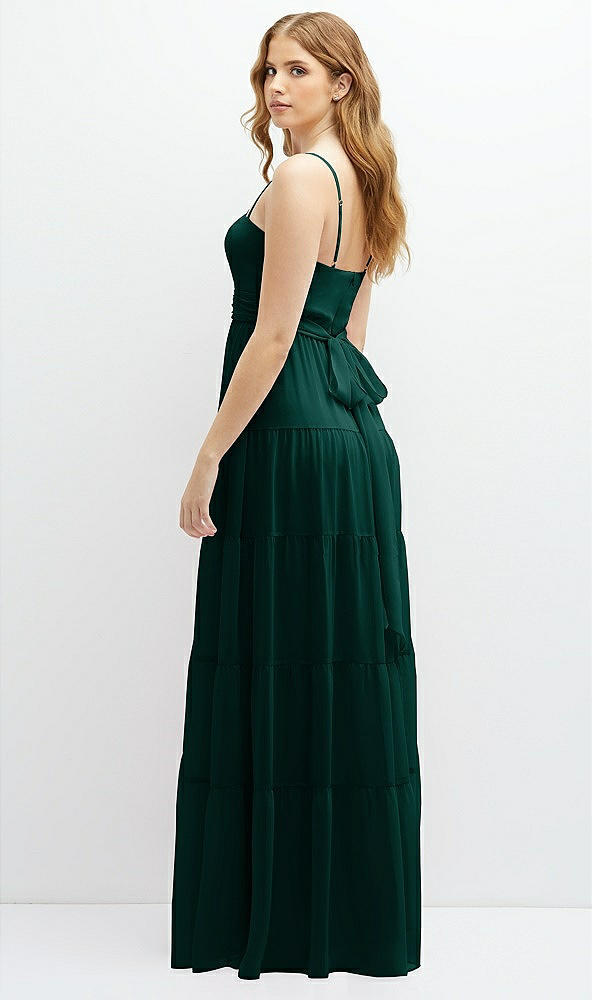 Back View - Evergreen Modern Regency Chiffon Tiered Maxi Dress with Tie-Back