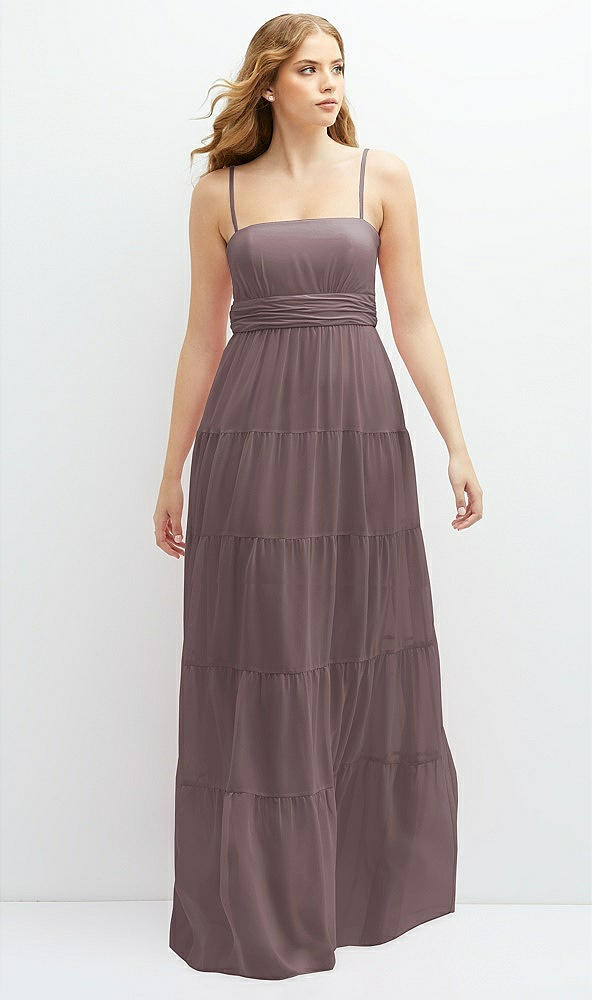 Front View - French Truffle Modern Regency Chiffon Tiered Maxi Dress with Tie-Back