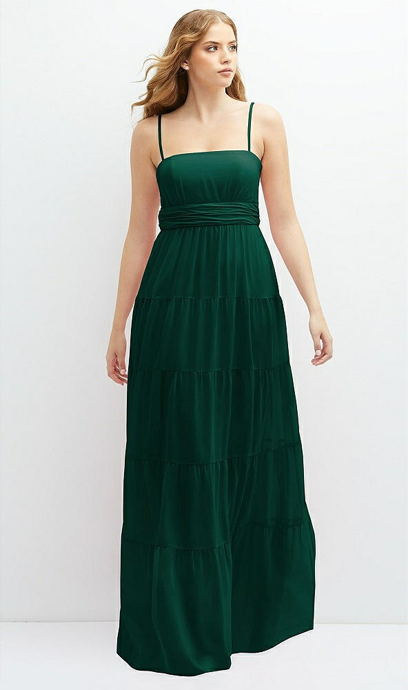 Front View - Hunter Green Modern Regency Chiffon Tiered Maxi Dress with Tie-Back