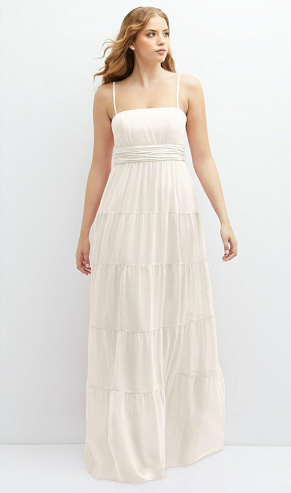 Front View - Ivory Modern Regency Chiffon Tiered Maxi Dress with Tie-Back