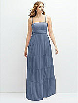 Front View Thumbnail - Larkspur Blue Modern Regency Chiffon Tiered Maxi Dress with Tie-Back