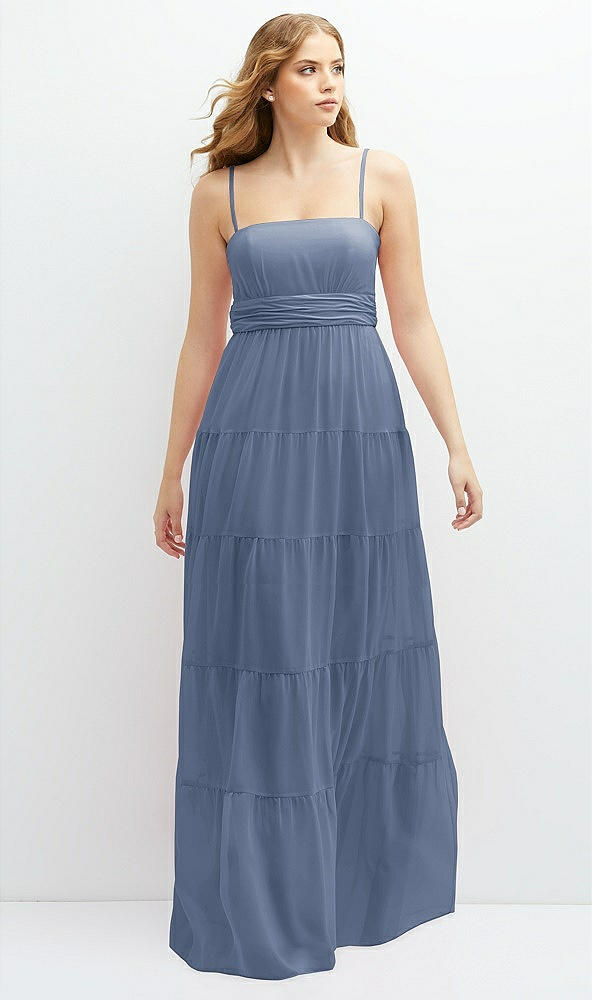 Front View - Larkspur Blue Modern Regency Chiffon Tiered Maxi Dress with Tie-Back