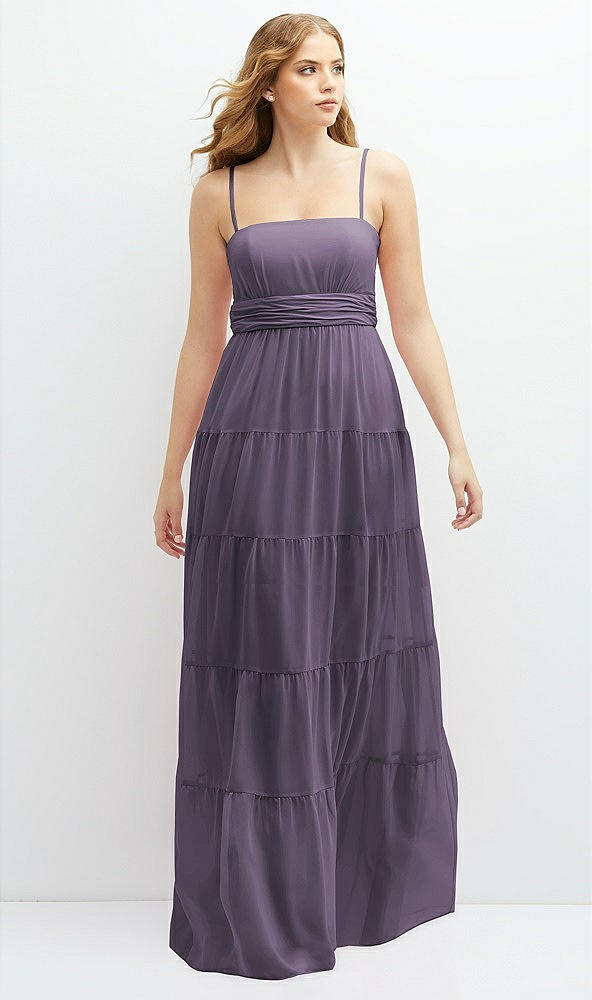Front View - Lavender Modern Regency Chiffon Tiered Maxi Dress with Tie-Back