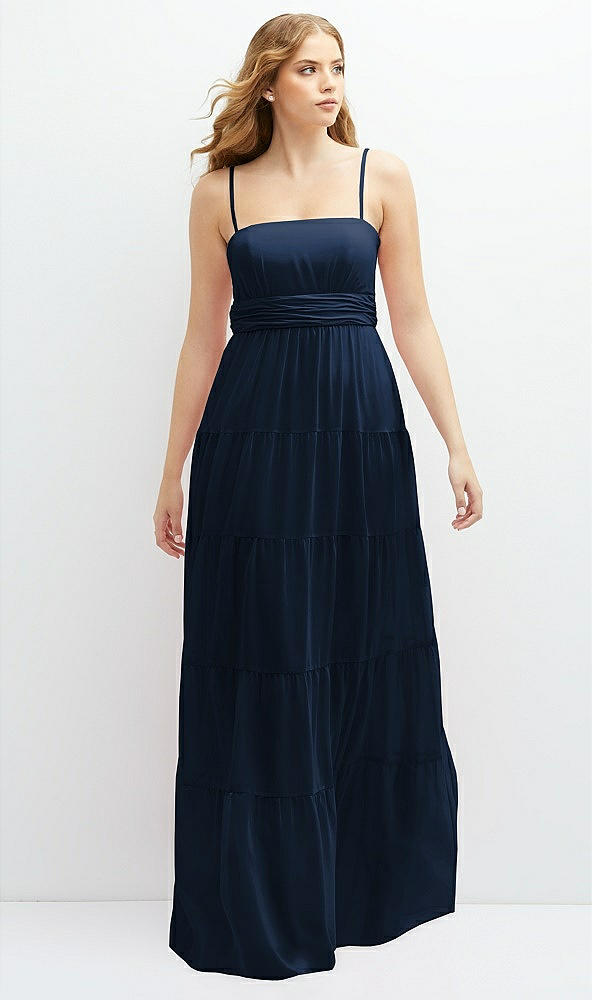 Front View - Midnight Navy Modern Regency Chiffon Tiered Maxi Dress with Tie-Back
