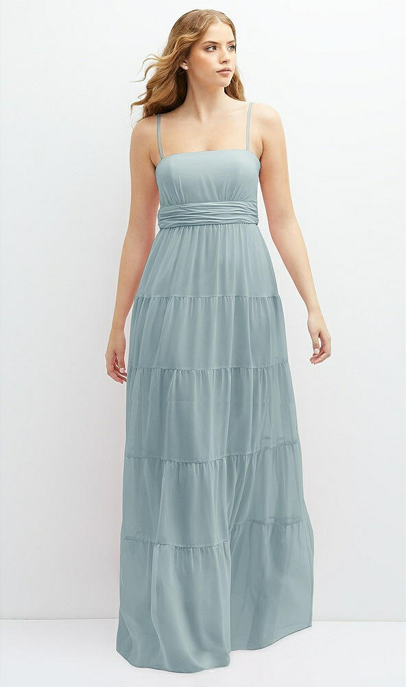 Front View - Morning Sky Modern Regency Chiffon Tiered Maxi Dress with Tie-Back
