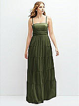 Front View Thumbnail - Olive Green Modern Regency Chiffon Tiered Maxi Dress with Tie-Back