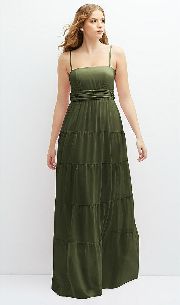 Front View - Olive Green Modern Regency Chiffon Tiered Maxi Dress with Tie-Back