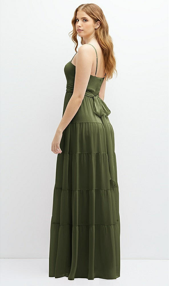 Back View - Olive Green Modern Regency Chiffon Tiered Maxi Dress with Tie-Back