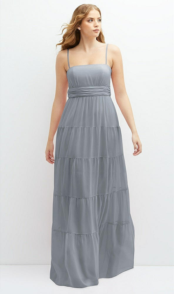 Front View - Platinum Modern Regency Chiffon Tiered Maxi Dress with Tie-Back