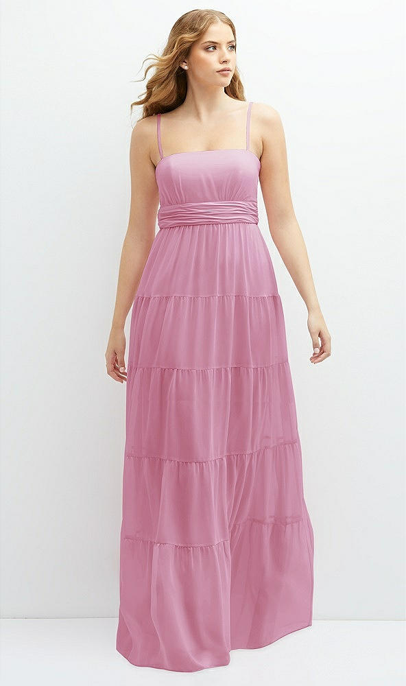 Front View - Powder Pink Modern Regency Chiffon Tiered Maxi Dress with Tie-Back