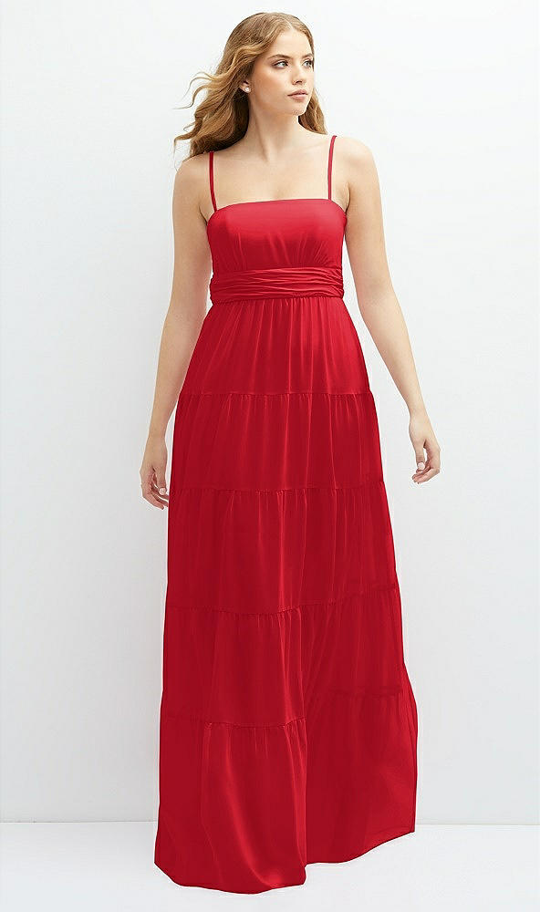 Front View - Parisian Red Modern Regency Chiffon Tiered Maxi Dress with Tie-Back