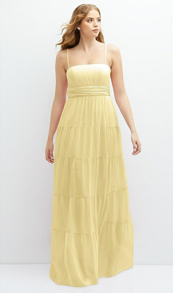 Front View - Pale Yellow Modern Regency Chiffon Tiered Maxi Dress with Tie-Back