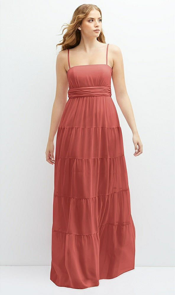Front View - Coral Pink Modern Regency Chiffon Tiered Maxi Dress with Tie-Back