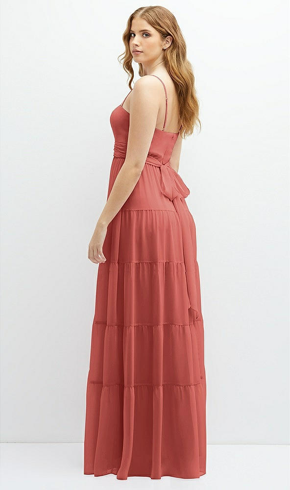 Back View - Coral Pink Modern Regency Chiffon Tiered Maxi Dress with Tie-Back