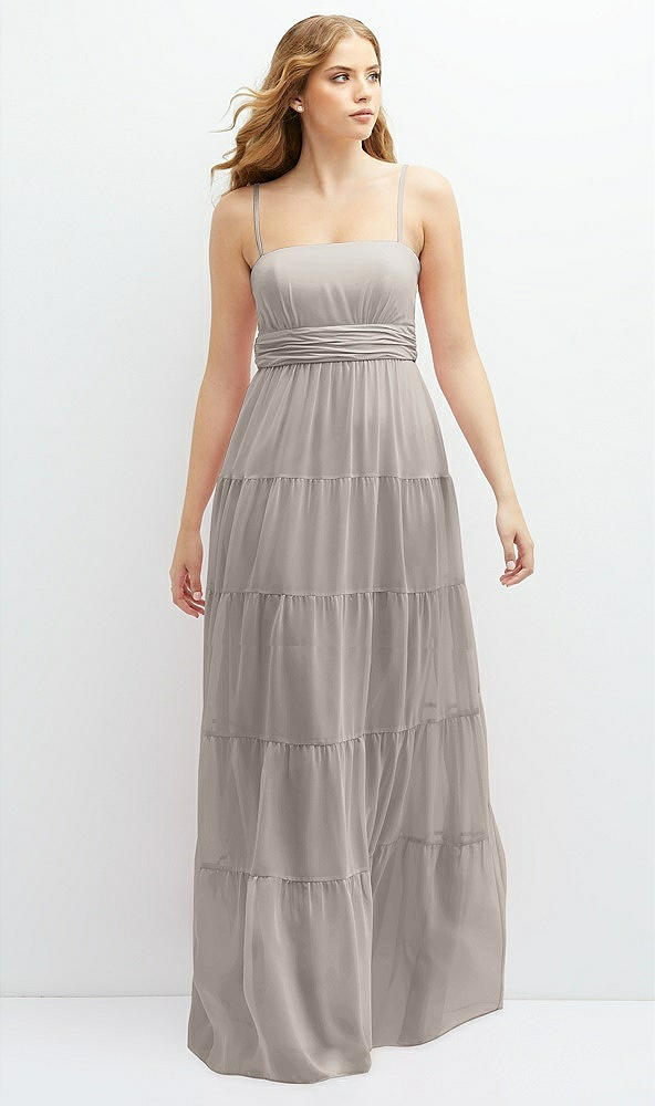 Front View - Taupe Modern Regency Chiffon Tiered Maxi Dress with Tie-Back