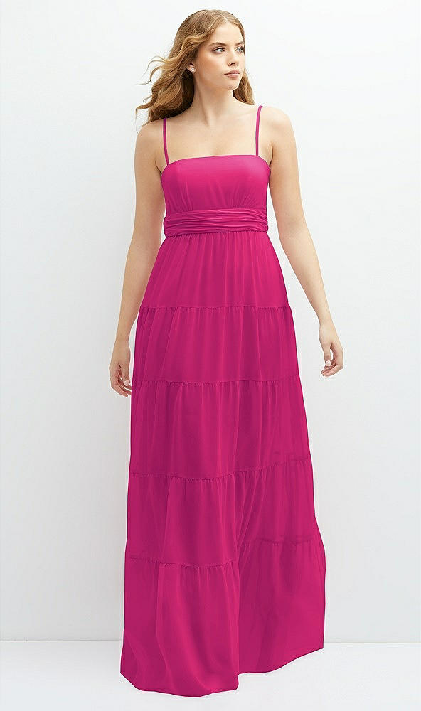 Front View - Think Pink Modern Regency Chiffon Tiered Maxi Dress with Tie-Back