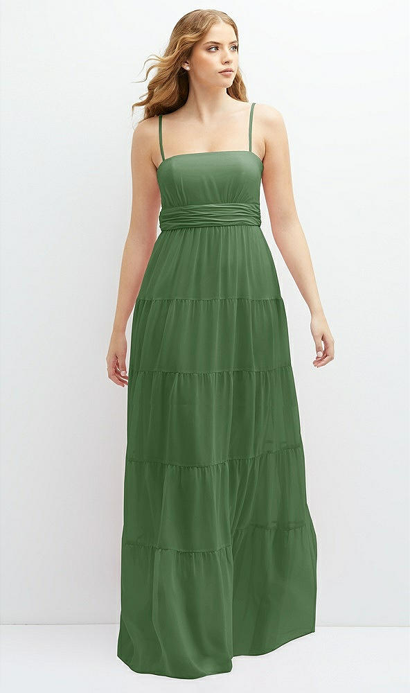 Front View - Vineyard Green Modern Regency Chiffon Tiered Maxi Dress with Tie-Back